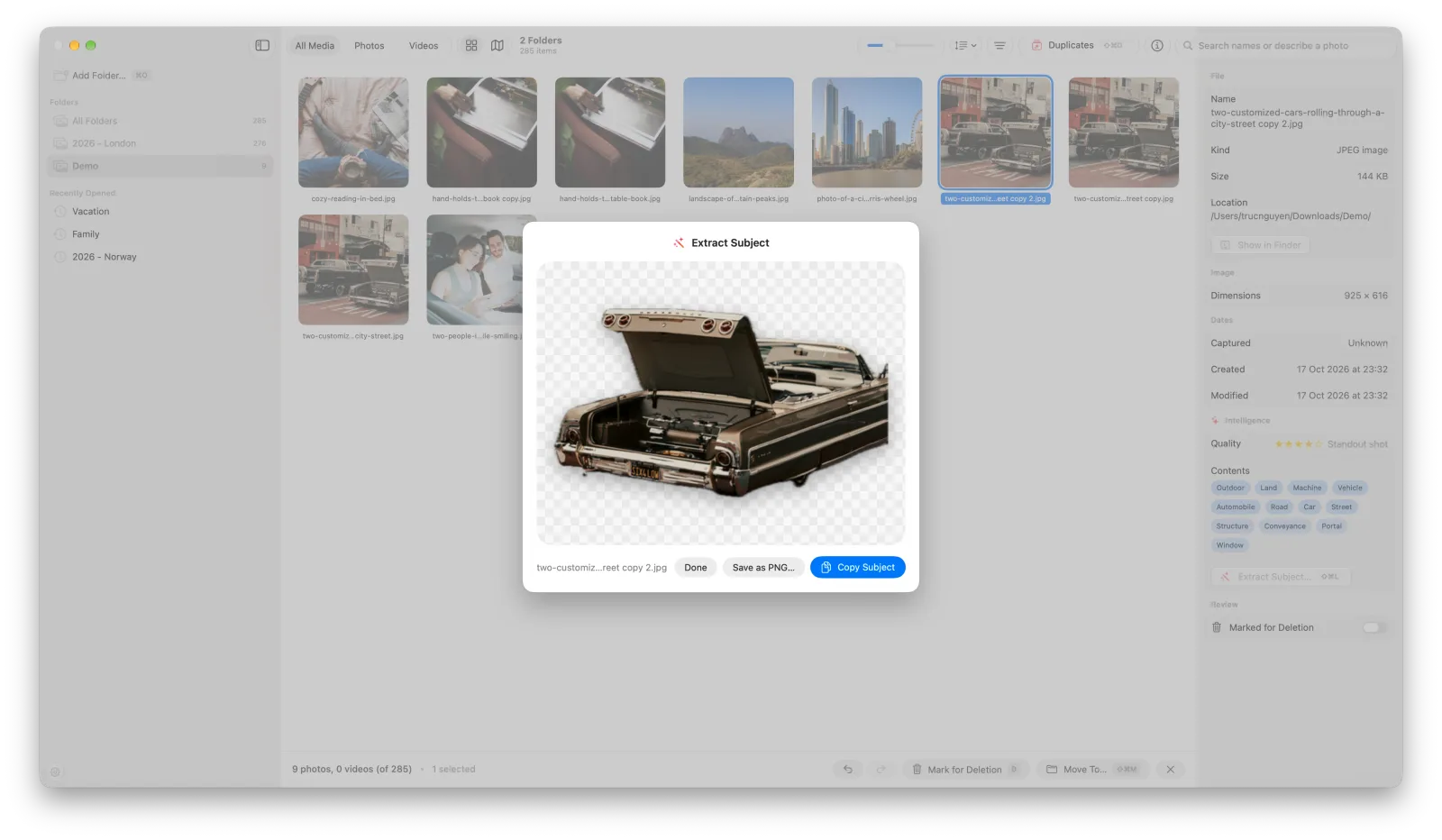 The Extract Subject window showing a car cut out from a photo on a transparent background